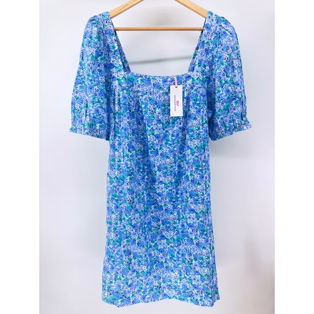 Vineyard Vines Mini Dress Women L Blue Floral Seersucker‎ Performance  NWT